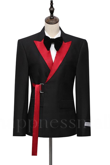 Fashion Black Peaked Lapel Slim Fit Men Suits With Adjustable Buckle