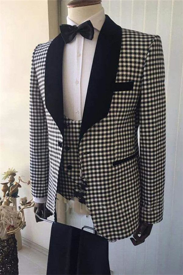 ChicLapel Shawl Checks Prom Suit 3 Pieces | Black Formal Business Men Suits