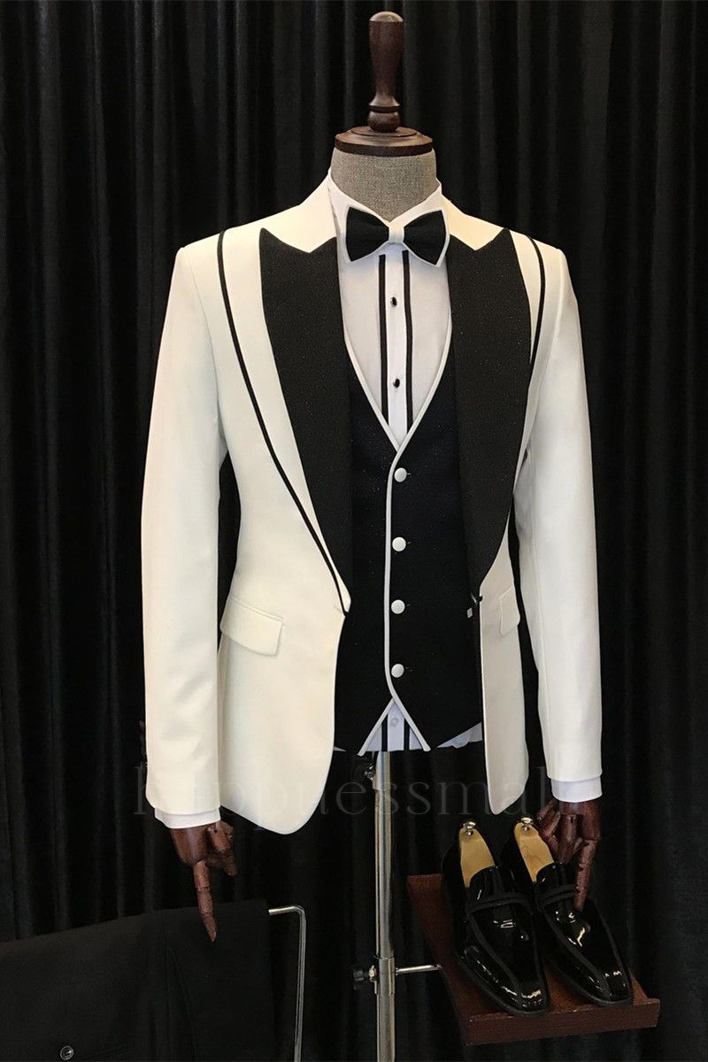 Modern White And Black Peaked Lapel Three Pieces Wedding Suits | happnessmall