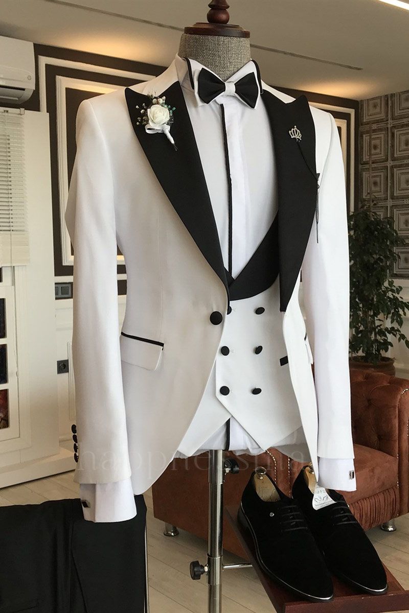 Axel Handsome White 3-Pieces Black Peaked Lapel Double Breasted Bespoke Business Suits