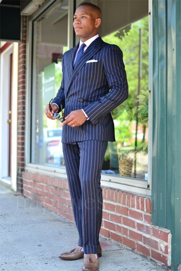 Jaxon Bespoke Dark Blue Double Breasted Striped Formal Business Men Suits