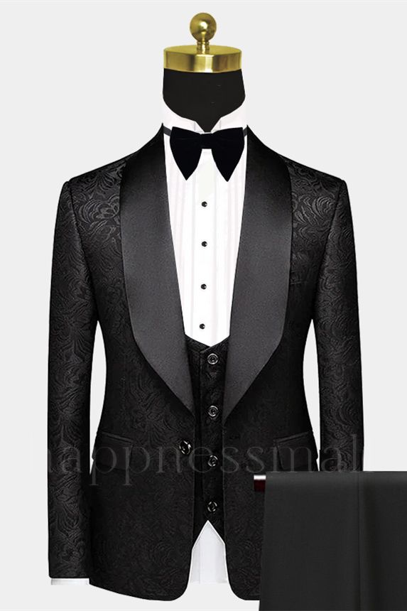 Traditional black satin shawl lapel ball suit | Popular single button jacquard wedding tailcoat