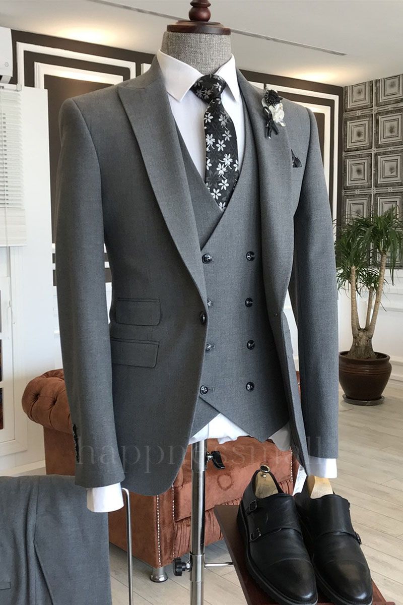 Happnessmall Custome Dark Gray 3-Pieces Peaked Lapel One Button Business Men Suits