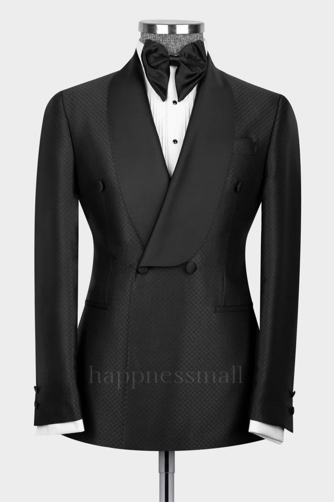 Fashionable and minimalist black shawl lapel double breasted two-piece set for men's suits