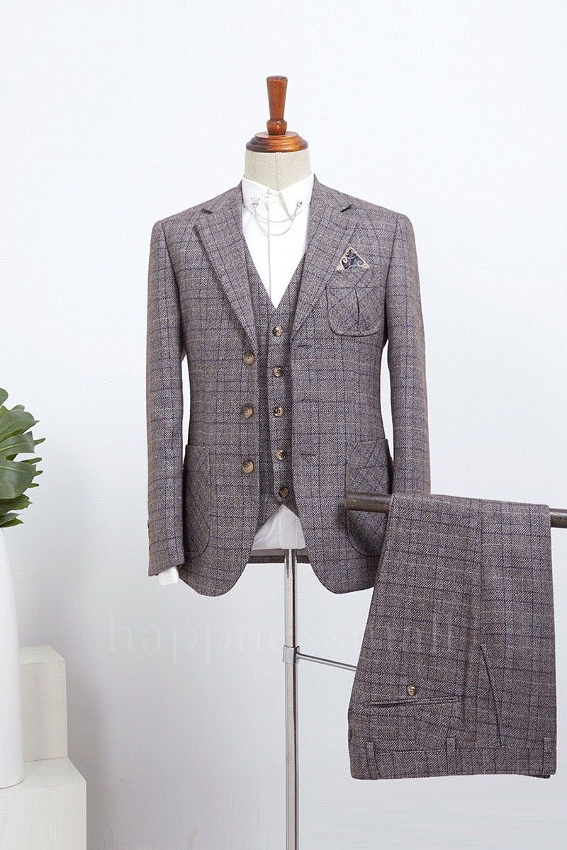 Elara Modern Gray Plaid 3 Pieces Slim Fit Tailored Suit For Business