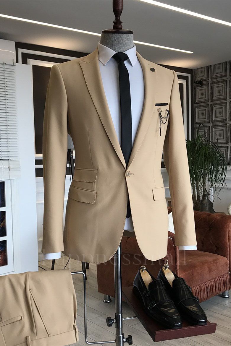 Elegant Brown Peaked Lapel One Button Slim Fit Prom Men Suits  | happnessmall