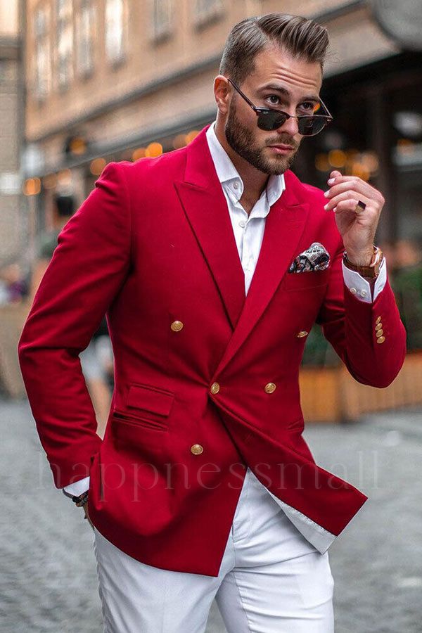 Chic Slim Fit Red Blazer Jacket with  White Pants | Men Suits