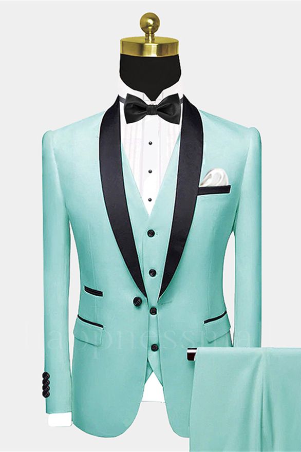 Unique Mint Green One Button Groom Wedding | Black Satin Lapel Shawl Ball Set