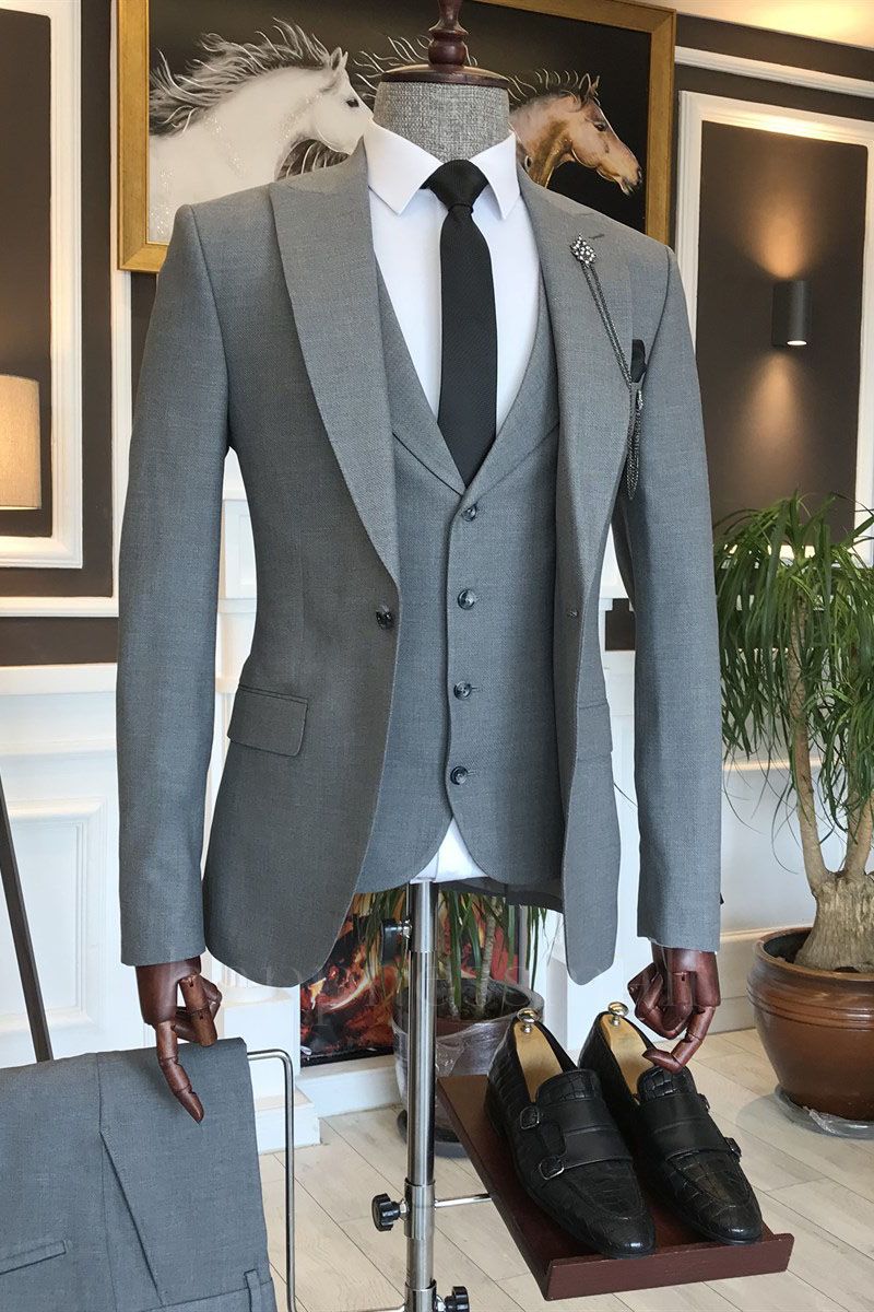Theodora Newest Dark Gray Peaked Lapel Slim Fit Men Suits For Business