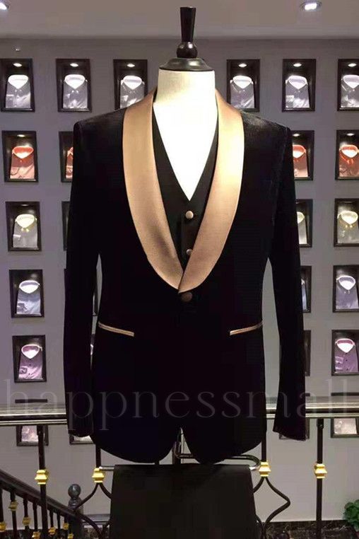 Matthew Chic Black Three-Piece Wedding Suits With Gold Shawl Lapel