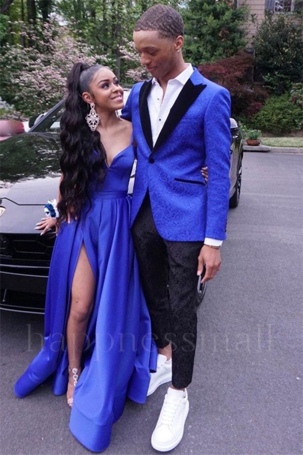 Finnian Handsome Royal Blue Jacquard One Button Peaked Lapel Prom Mens Suits