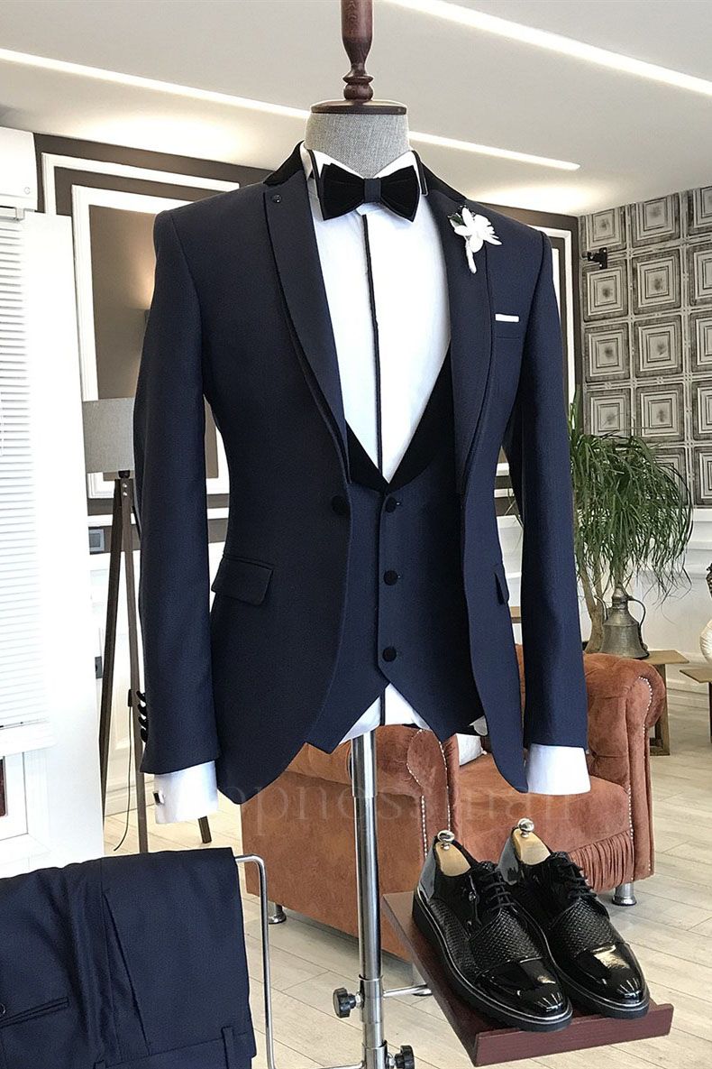 Chic Navy Blue 3-Pieces Notched Lapel One Button Slim Fit Business Men Suits