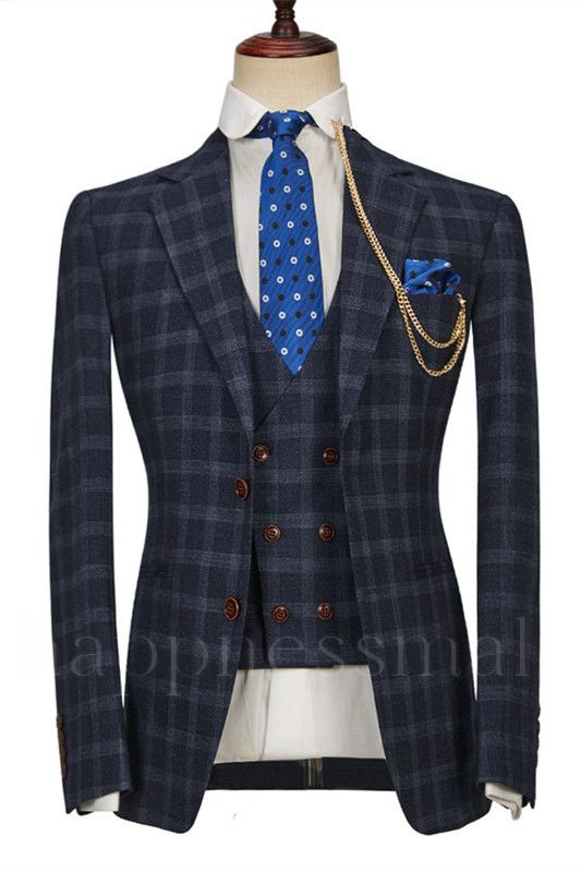 Happnessmall Fashion Dark Blue Plaid Notched Lapel Men Suits