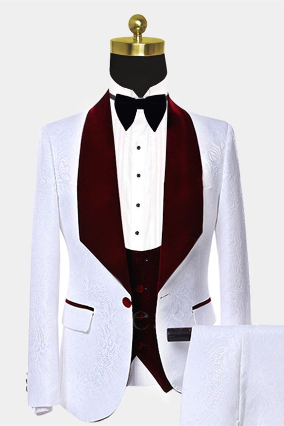 Burgundy Velvet Polo Ball Set | White Jacquard Unique One Button Wedding Tailcoat
