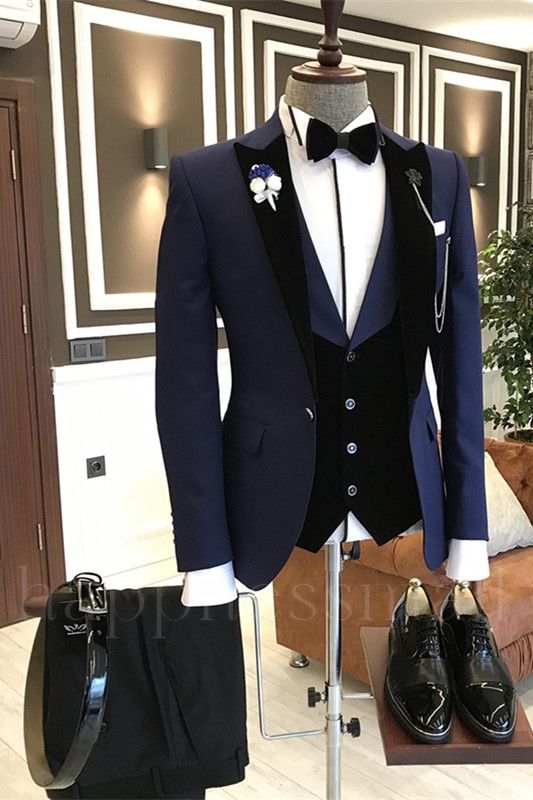 Samuel Dark Navy Fashion Peaked Lapel Men Suits with Velvet Lapel
