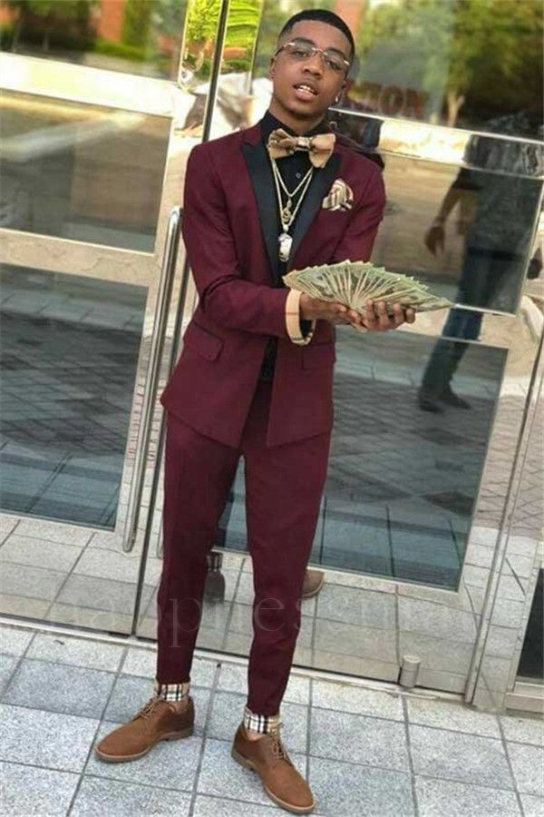 Caspian Handsome Burgundy Two Piece Mens Suits with Black Lapel