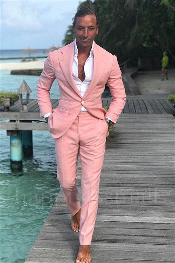 Pink Notched Lapel Ball Tailcoat | Linen One Button Wedding Party Groom Set