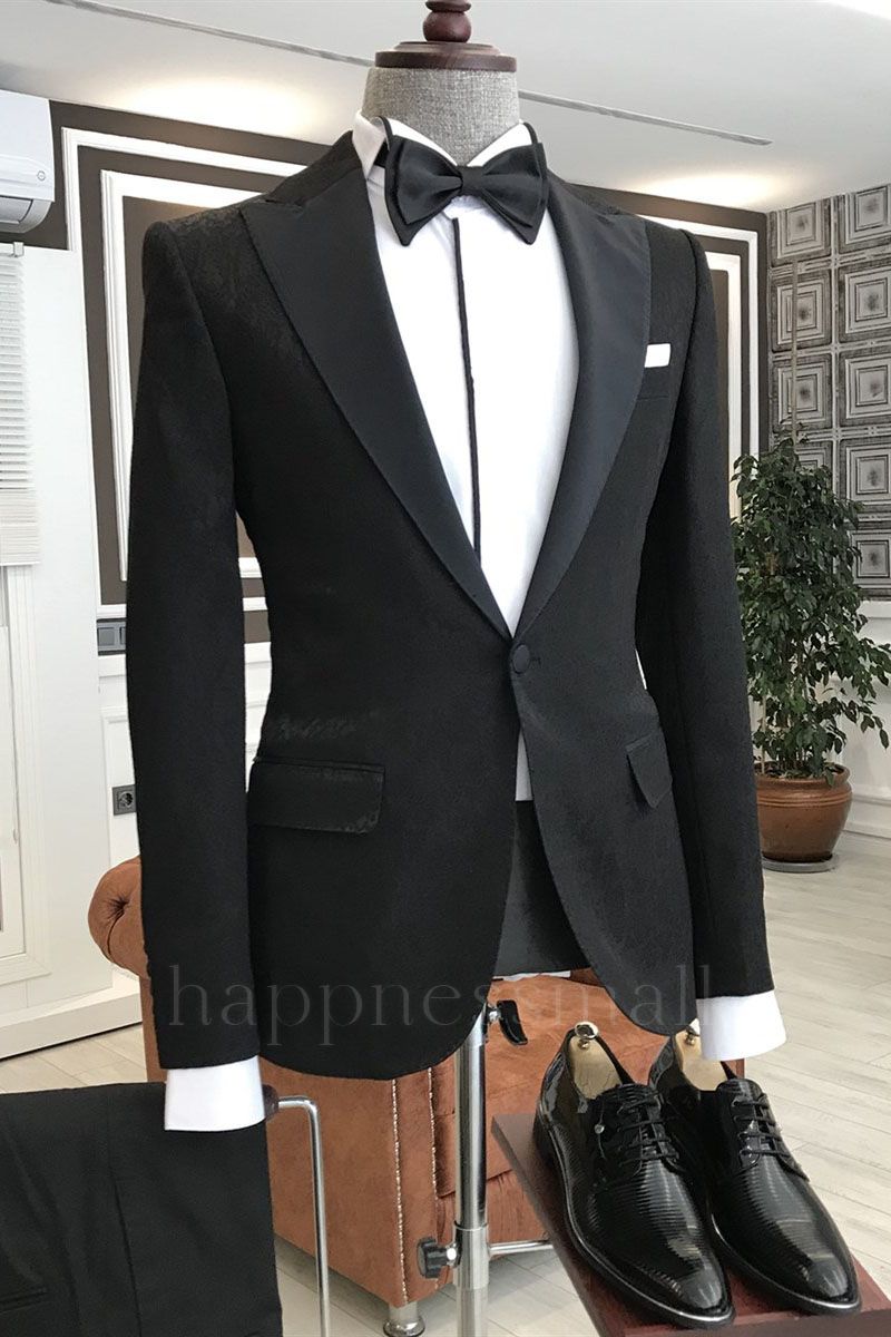 Traditional Black Peaked Lapel One Button Slim Fit Men Suits | Happnessmall