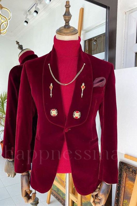 Happnessmall Popular Red Velvet Shawl Lapel Wedding Suits For Groomsmen