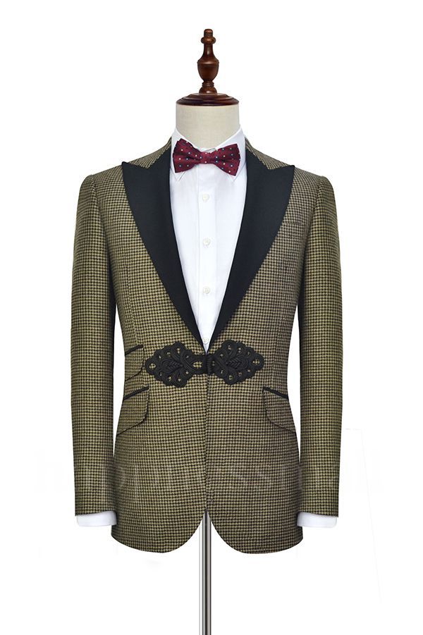 Xander Small Checked Peak Lapel Prom Suits | Knitted Button Black Wedding Suits for Men
