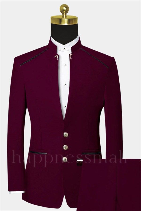 Unique Burgundy Mandarin Collar Suit | 2 Pieces Men Prom Suits