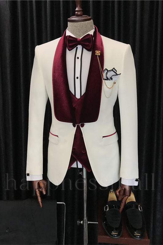 Theodora Chic White Three Pieces Wedding Suit with Velvet Lapel