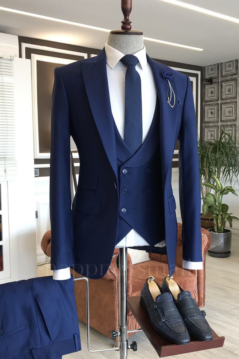 Happnessmall Newest Navy Blue 3-Pieces Peaked Lapel Slim Fit Business Men Suits