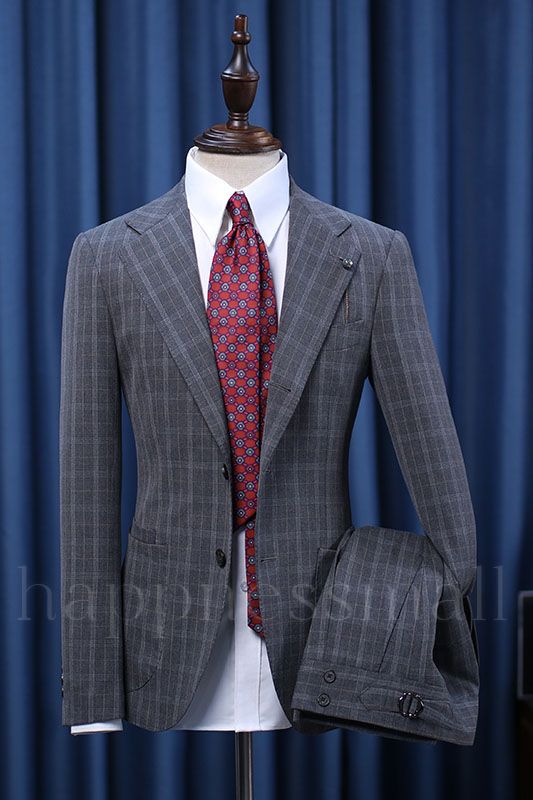 Fenris Fashion Dark Gray Plaid Notched Lapel Slim Fit Bespoke Suit For Business