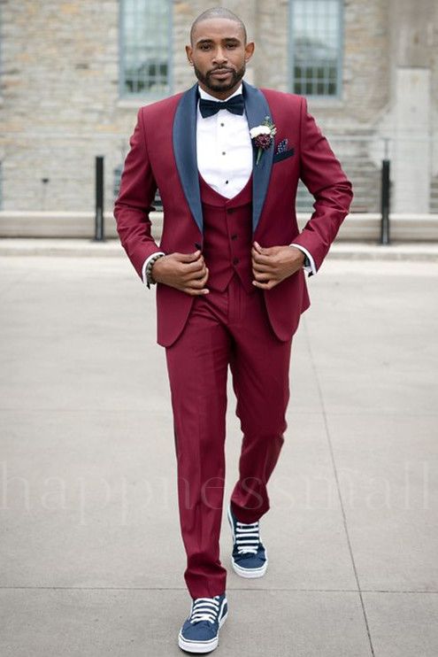 Burgundy solid color slim fit men's suit | black shawl lapel men's suit