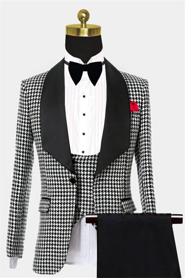 Popular Black and White Houndstooth Huge Shawl Lapel Silk Tuxedo | Business Three Pieces Men Suits