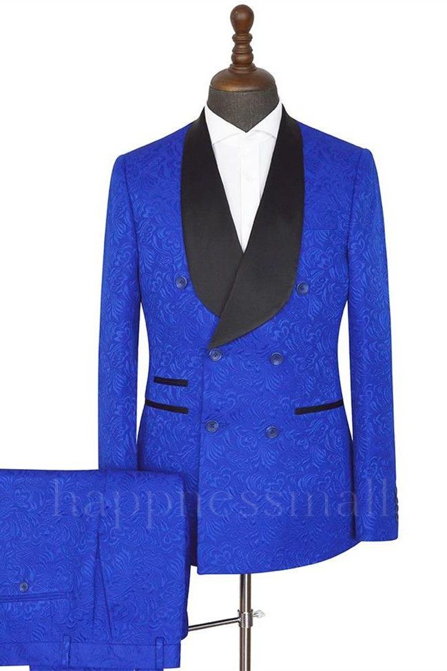 Silas Royal Blue Jacquard Slim Fit Shawl Lapel  Double Breasted Wedding Suits