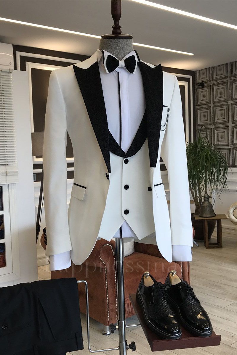 Nadia Stylish White 3-pieces Prom Men Suits mixed Black Peaked Lapel