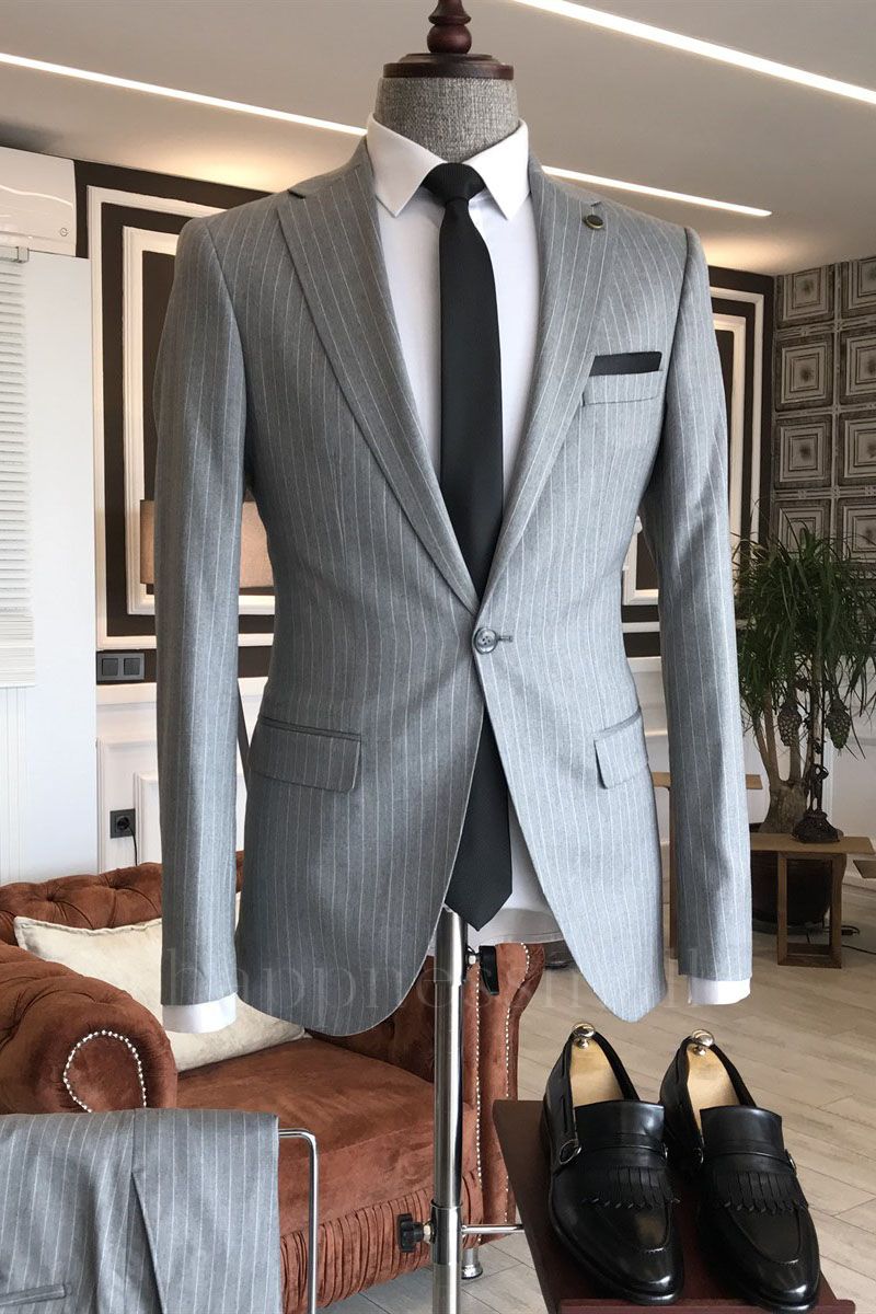 Zane Formal Gray Striped Notched Lapel Slim Fit One Button Business Men Suits