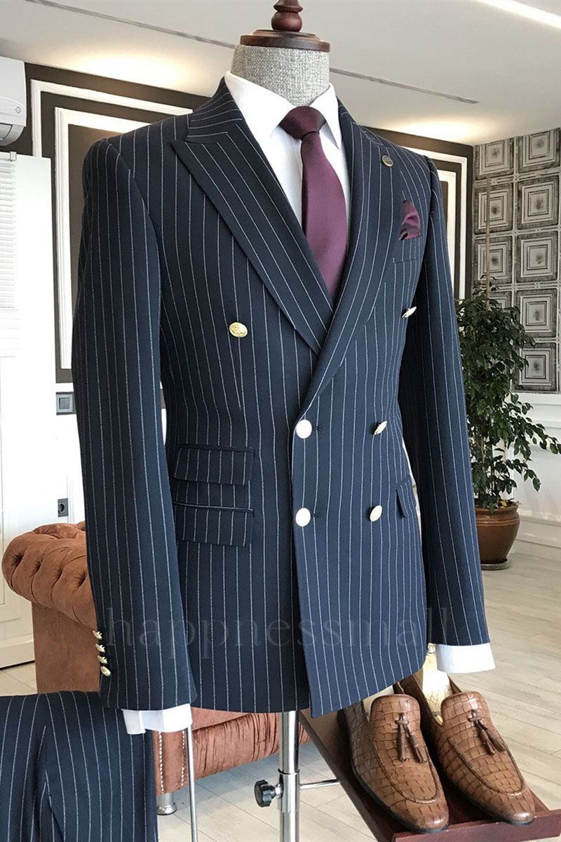 Vasilis Stylish Navy Blue Peaked Lapel Striped Double Breasted Slim Fit Business Men Suits