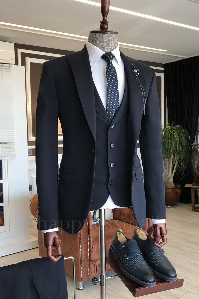 Phoenix Simple 3-Pieces Black Peaked Lapel Formal Business Men Suits