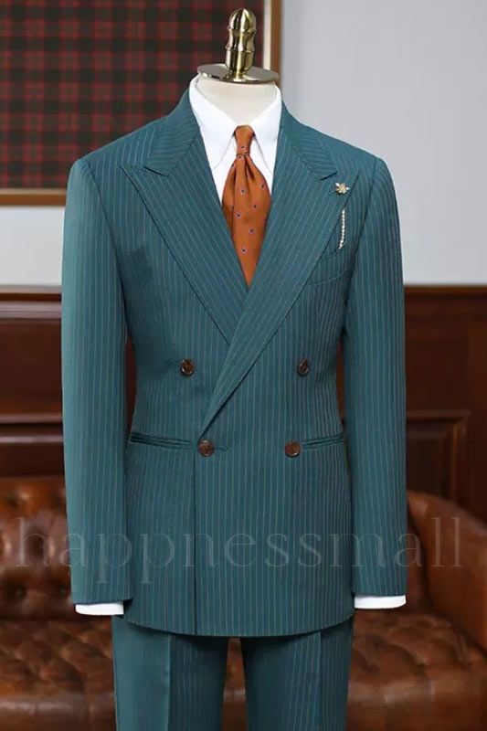 Ryan Simple Ocean Blue Striped Peaked Lapel Double Breasted Prom Suits