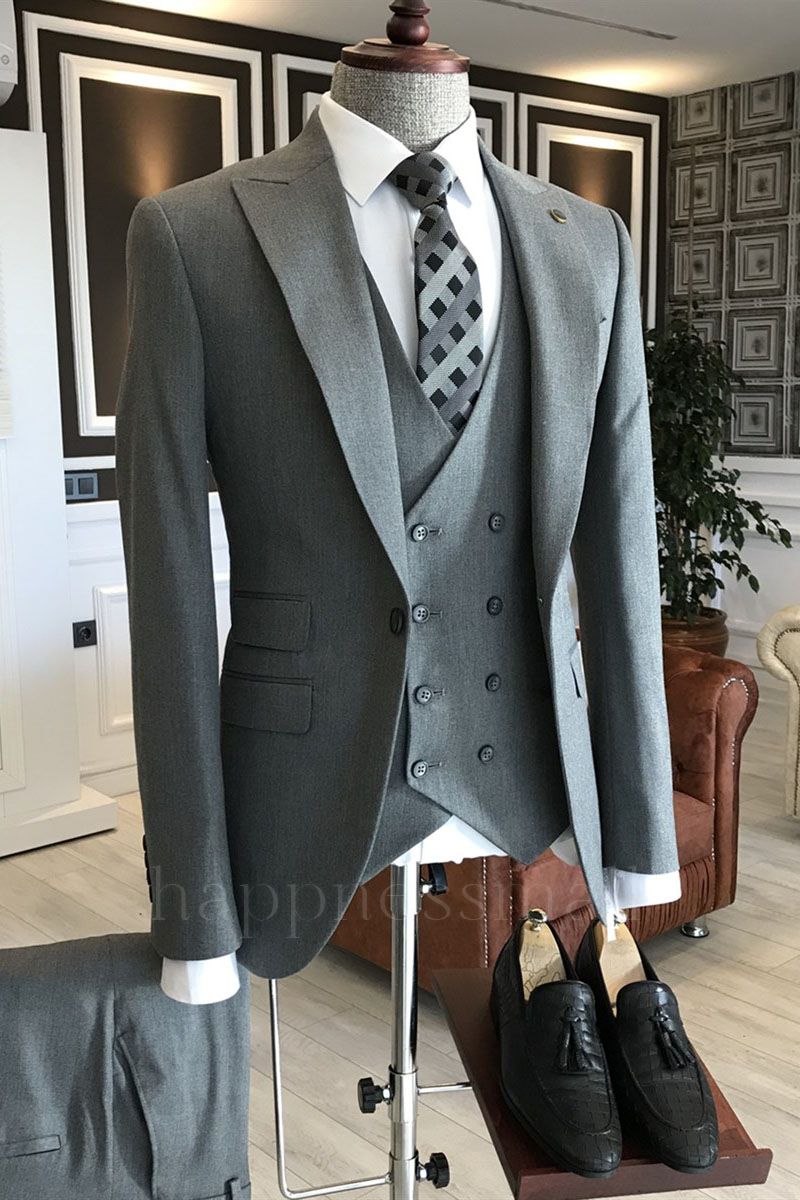 Emily Popular Light Gray 3-Pieces Peaked Lapel Slim Fit Men Suits For Business