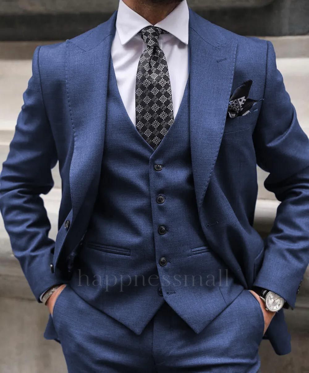 Best Blue 3 Pieces Peak Lapel Men Suits | Happnessmall