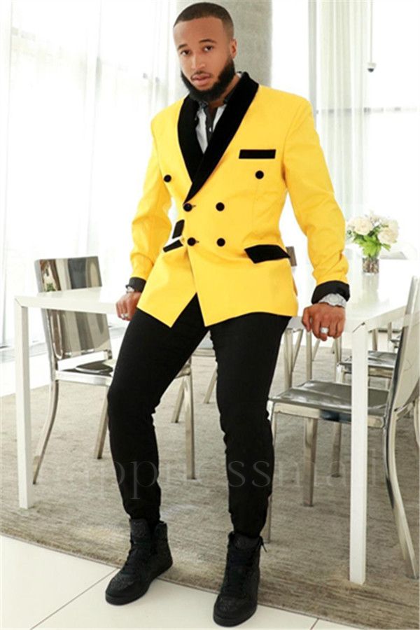 Ronan Newest Yellow Double Breasted Slim Fit Mens Suits with Black Shawl