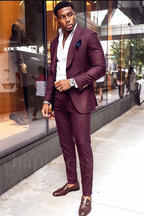Jethro Stylish Burgundy Bespoke Two-Pieces Men Suits With Shawl Lapel