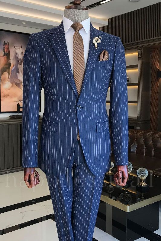 Kyle Fashion Blue Notched Lapel Striped Prom Men Suits