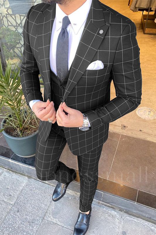 Penelope Popular Black Plaid Peaked Lapel Three-Pieces Men Suits