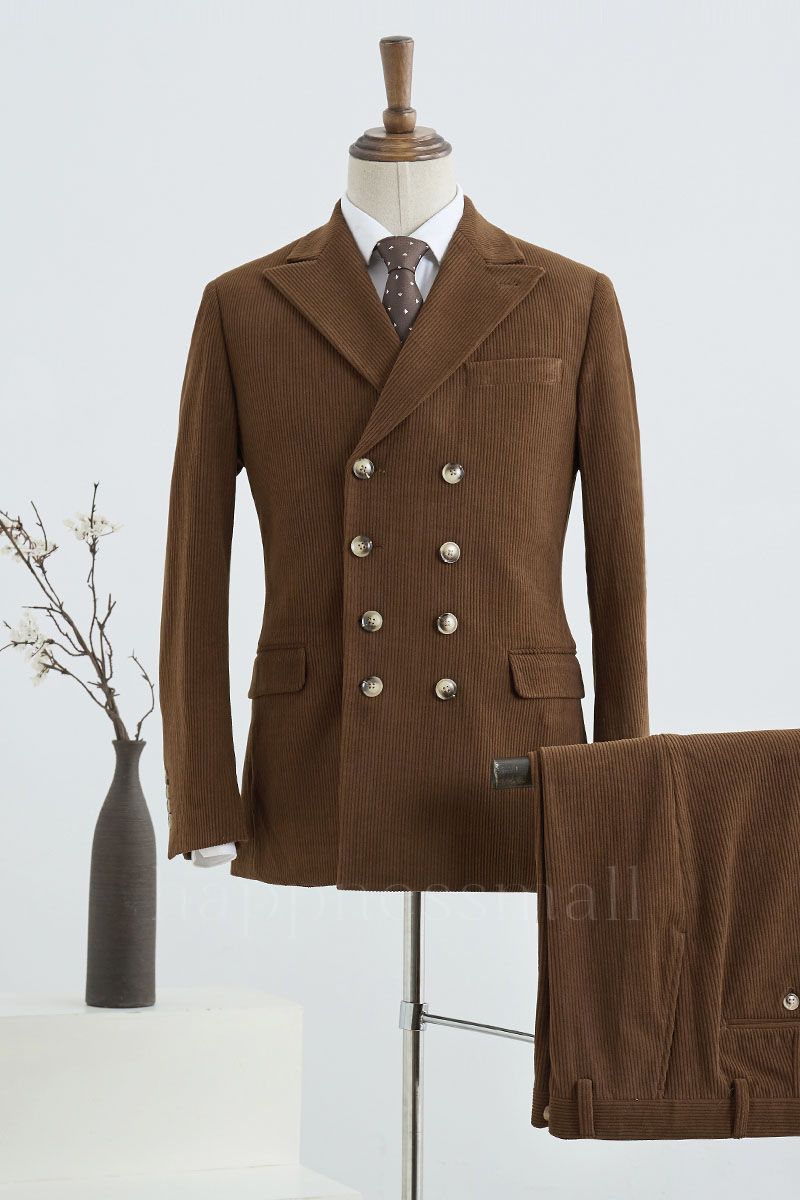 Geneviève Modern Corduroy Brown Double Breasted Custom Suit For Business
