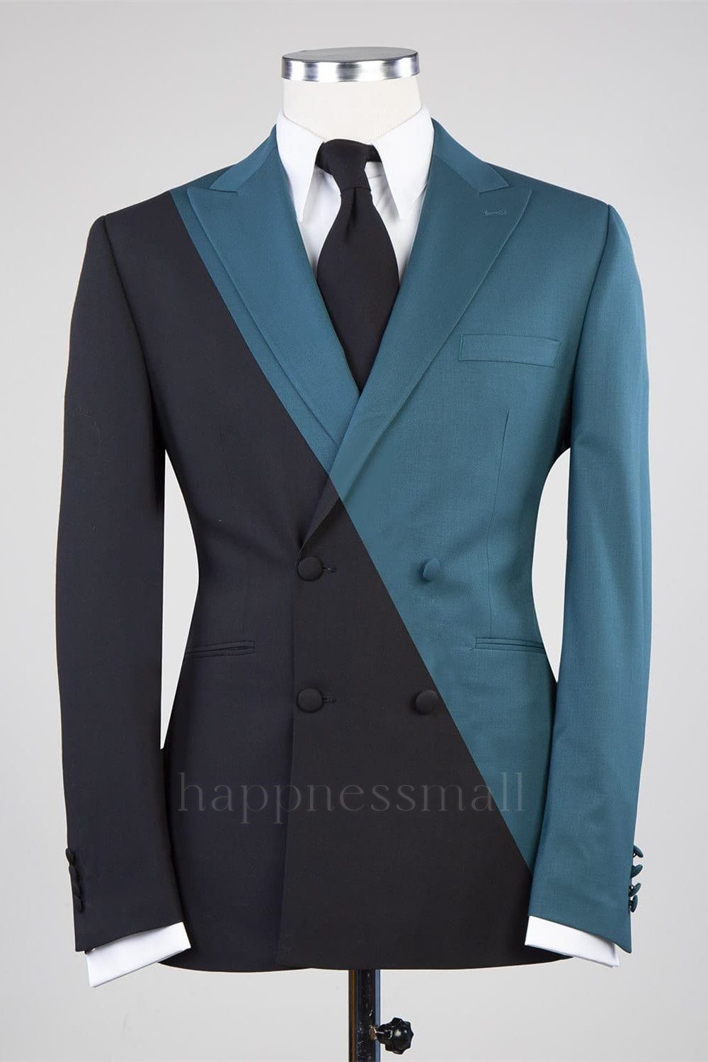 Latest Design Dusty Blue And Black Double Breasted Peaked Lapel Men Suits for Prom