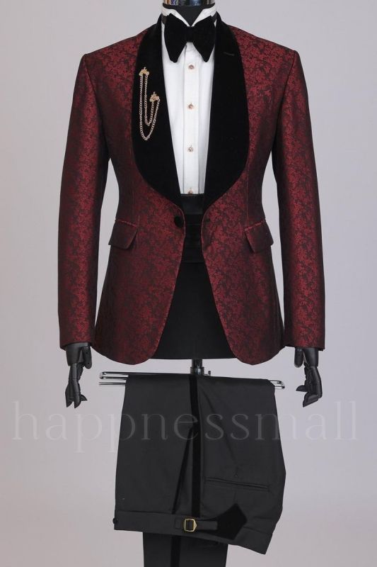 Tassos Popular Burgundy Jacquard Shawl Lapel Wedding Suits For Men