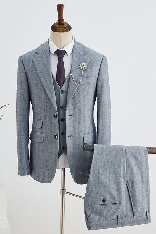 Matthew Stylish Formal Gray Striped 3 Pieces Notched Lapel Slim Fit Custom Business Suit