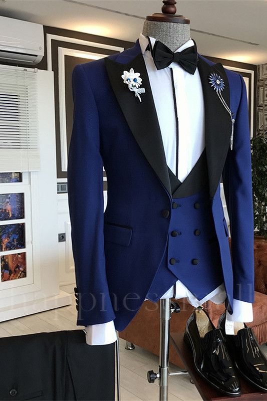 Harper Modern Dark Blue Fashion Peaked Lapel Three-Pieces Men Suits