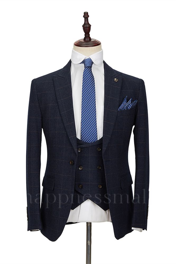James Dark Navy Plaid Peak Lapel Double Breasted 3 Piece Men's Business Suit