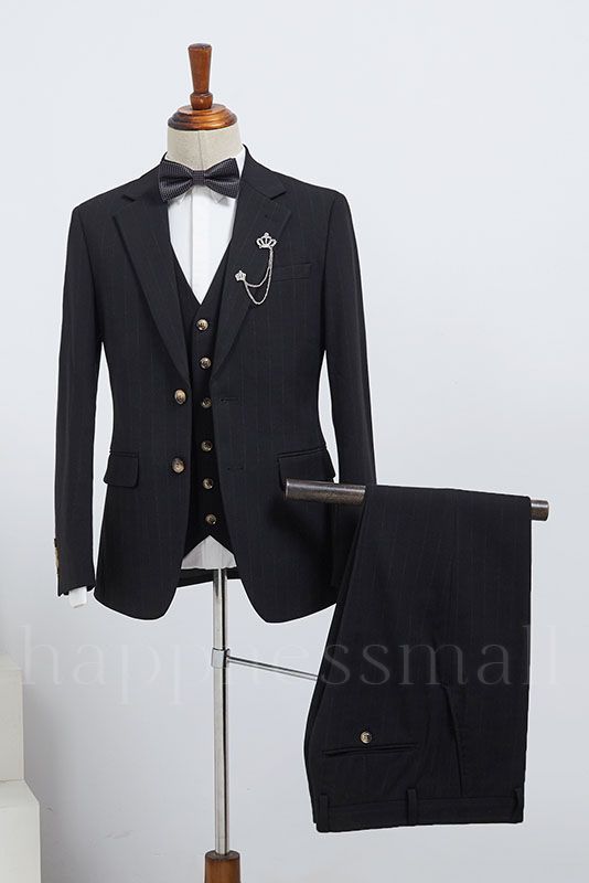 Calantha Stylish Black Striped 3 Pieces Tailored Business Suit For Men