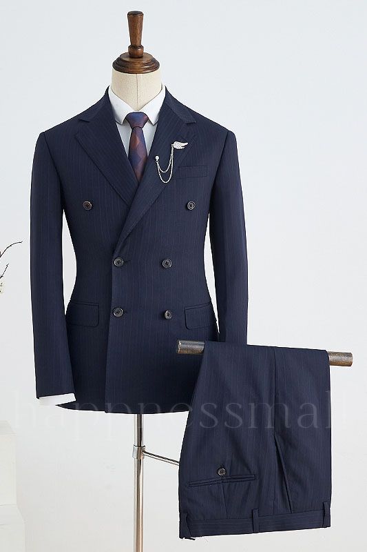 Zypher Latest Design Navy Blue Striped Notched Lapel Double Breasted Tailored Business Suit